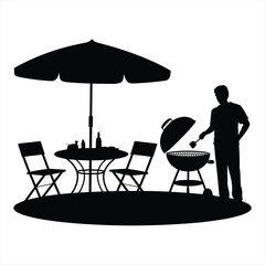 Man grilling food under umbrella with outdoor table and chairs silhouette