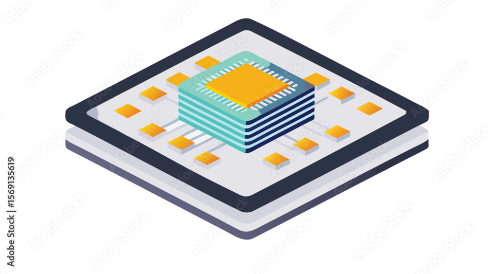 Aufkleber isometric view of a layered electronic chip with gold accents and teal central processor unit design