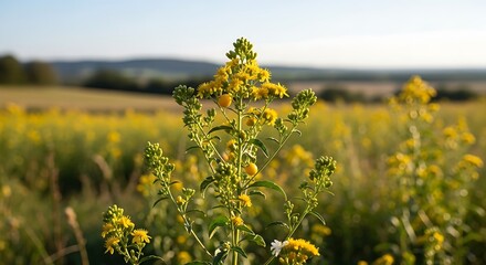 Obraz premium Close-up of a vibrant yellow flower in a field of similar blooms, a tranquil rural landscape.