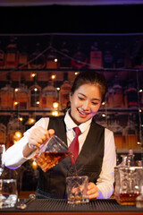 Bartender Serve Whiskey, on wood bar, 