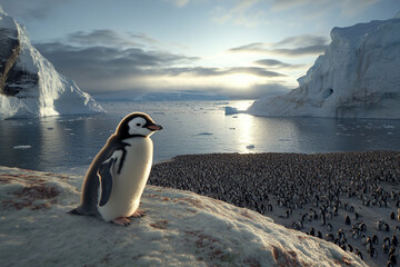 Penguin colony stands silhouetted against the twilight horizon of Antarctica, showcasing their vibrant social behavior and icy habitat