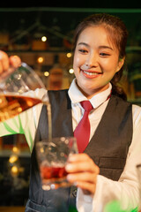 Professional female bartender preparing alcoholic drinks in a bar