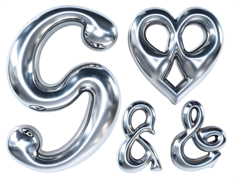 Chrome alphabet symbols and heart isolated on a transparent background