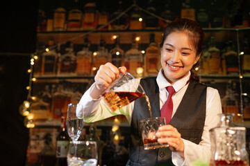 Bartender Serve Whiskey, on wood bar, 