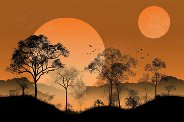 Radiant orange sunset with silhouettes of trees and distant mountains creating a tranquil atmosphere