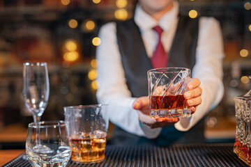 Bartender Serve Whiskey, on wood bar,