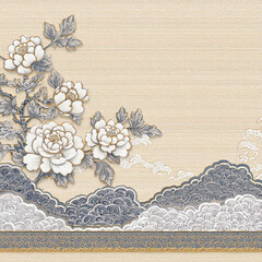 A painting of a mountain with a tree and flowers