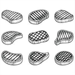 Collection of grilled steak cuts in a hand drawn silhouette style