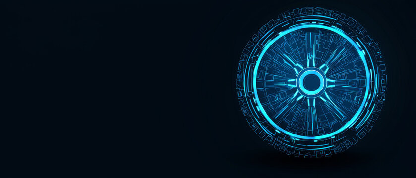 Abstract circular digital artwork; glowing blue lines form intricate futuristic design