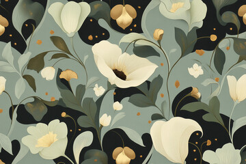 Elegant repeating floral pattern in light and dark blue tones with accents of gold