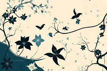 Floral pattern design in light and dark blue featuring intricate flowers and butterflies on a soft background