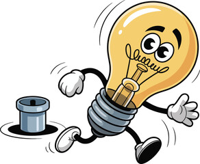 Cartoon light bulb character running away from a socket illustration vector image concept