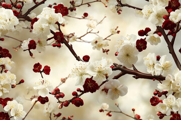 Delicate floral pattern showcasing soft crimson tones with contrasting white blossoms blending harmoniously in nature's design