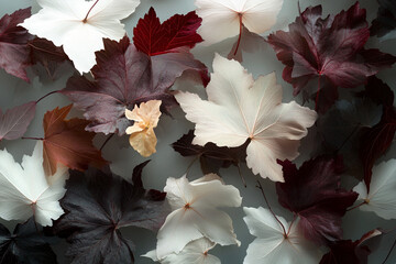 Vibrant floral pattern featuring soft crimson and pale leaves creating a harmonious and elegant design