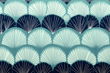 Repeating geometric pattern of cyan and navy blue fan shapes resembling a contemporary design aesthetic