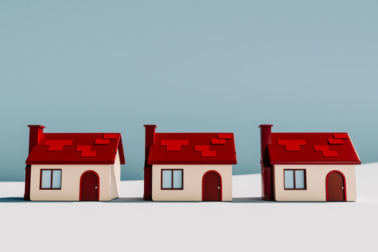 3D render of stylized red-roof homes aligned in perspective