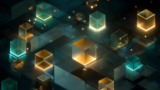 Quantum computing core with luminous cubes and light grids in an isometric composition featuring teal and gold neon highlights against a dark sci-fi backdrop