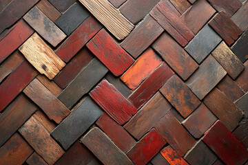 Repeating herringbone pattern showcasing rich ruby shades on a textured wooden surface in a contemporary setting