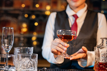 Bartender Serve Whiskey, on wood bar, 
