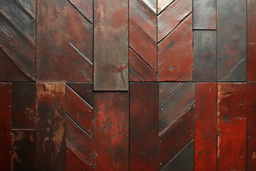 Repeating herringbone pattern in rich ruby shades creates a striking visual effect on wood flooring