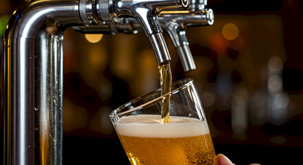 Beer being poured from tap into glass in bar setting