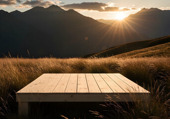 wooden platform in grassy mountain field at golden hour sunset