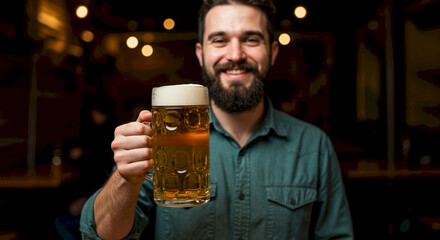 Man holding large beer mug and smiling in a cozy bar setting  