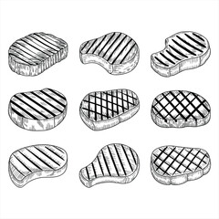 Collection of grilled steak cuts with grill marks silhouette