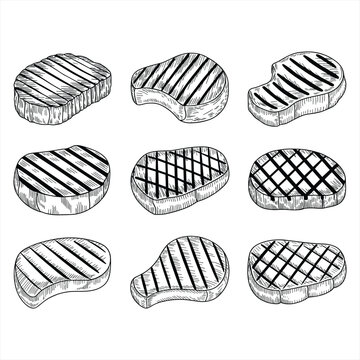 Collection of grilled steak cuts with grill marks silhouette