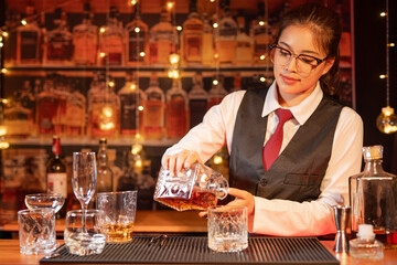 Bartender Serve Whiskey, on wood bar, 