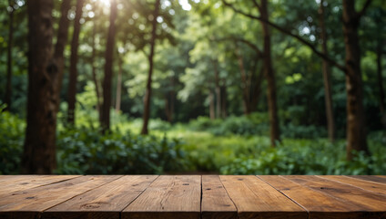 Empty Wooden Tabletop with Blurred Forest Background for Product Display.