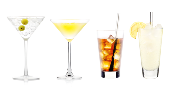 Four assorted cocktails with garnishes isolated on a transparent background
