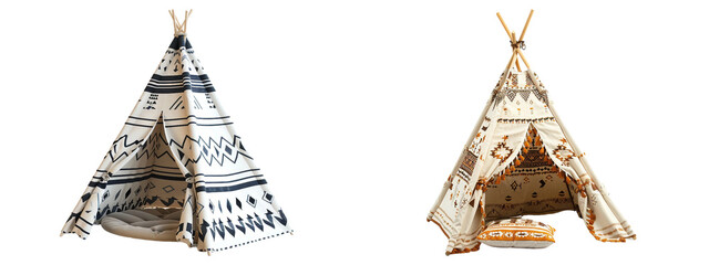 Two patterned teepees with pillows on transparent background