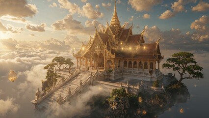 Majestic Golden Temple on Floating Island with Lanterns and Waterfalls in the Sky.