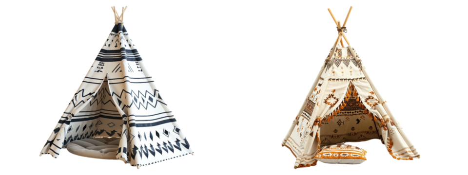 Two patterned teepees with pillows on transparent background