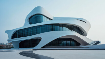 Fototapeta premium Modern architectural design showcases flowing white lines and large glass windows in an urban setting