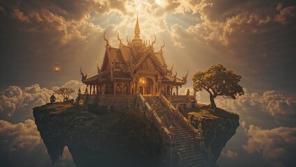 Majestic Golden Temple on Floating Island with Lanterns and Waterfalls in the Sky.