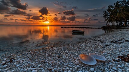 Obraz premium Stunning sunset over calm shoreline with shells tropical beach nature photography tranquil environment wide angle view