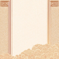 A white background with a brown border and a design of waves