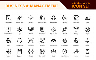 Business and management line icons set. Management icon collection. Project management icon collection. Time management and planning concept. Outline icon set.
