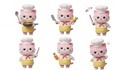 Cute cartoon cat chefs in different poses