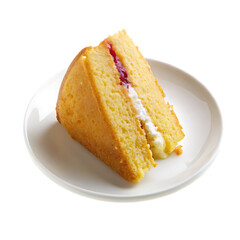 Golden sponge cake with cream and jam isolated on a transparent background