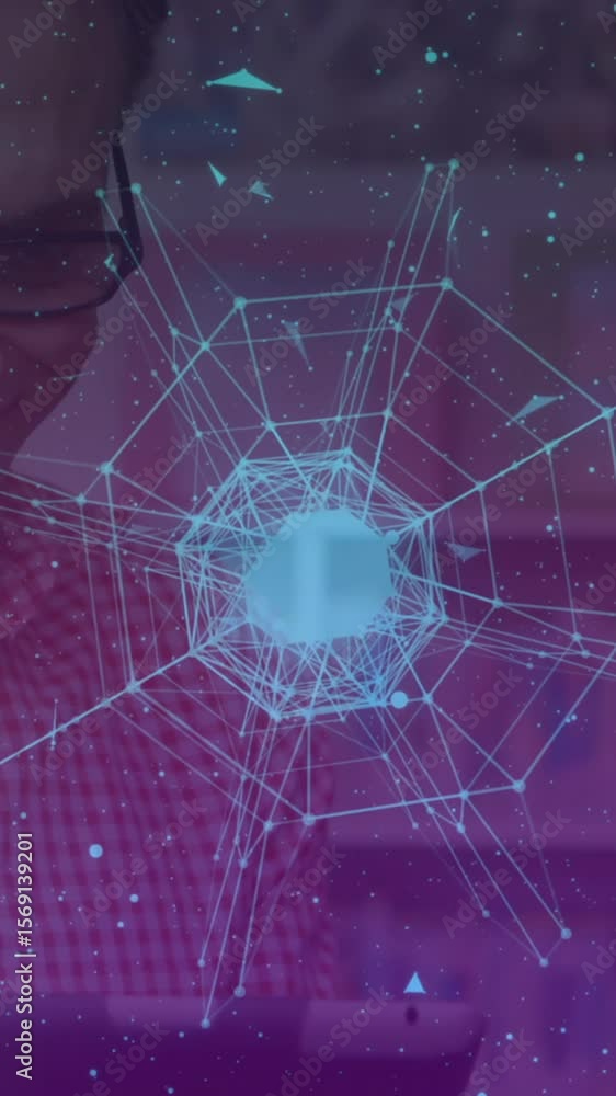 Poster animation of globe with network of connections over man using tablet in background
