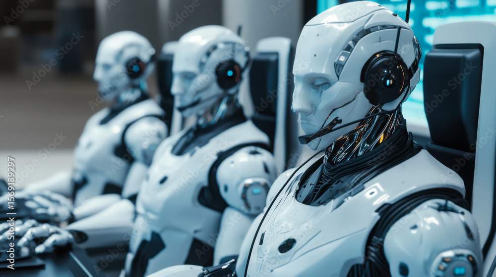 Poster robots engaged in complex tasks within a high-tech control room during a futuristic setting