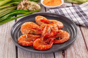 Delicous boiled tiger prawn with sauce