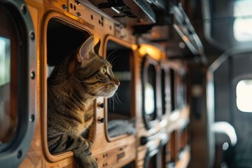 Tabby cat relaxing in custom built camper van bunk, enjoying the van life