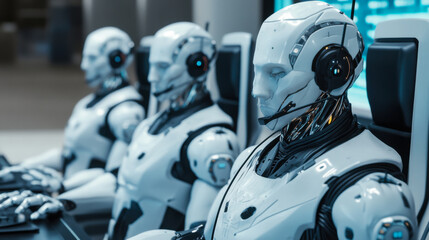 Fototapeta premium Robots engaged in complex tasks within a high-tech control room during a futuristic setting