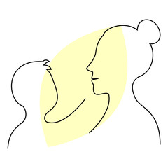 Mother and son line art portrait with yellow accent. Vector.