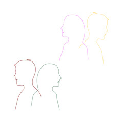 Four couples in profile drawn with colorful gradient lines. Vector.