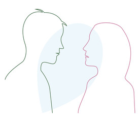 Man and woman facing each other over heart shape. Vector art.